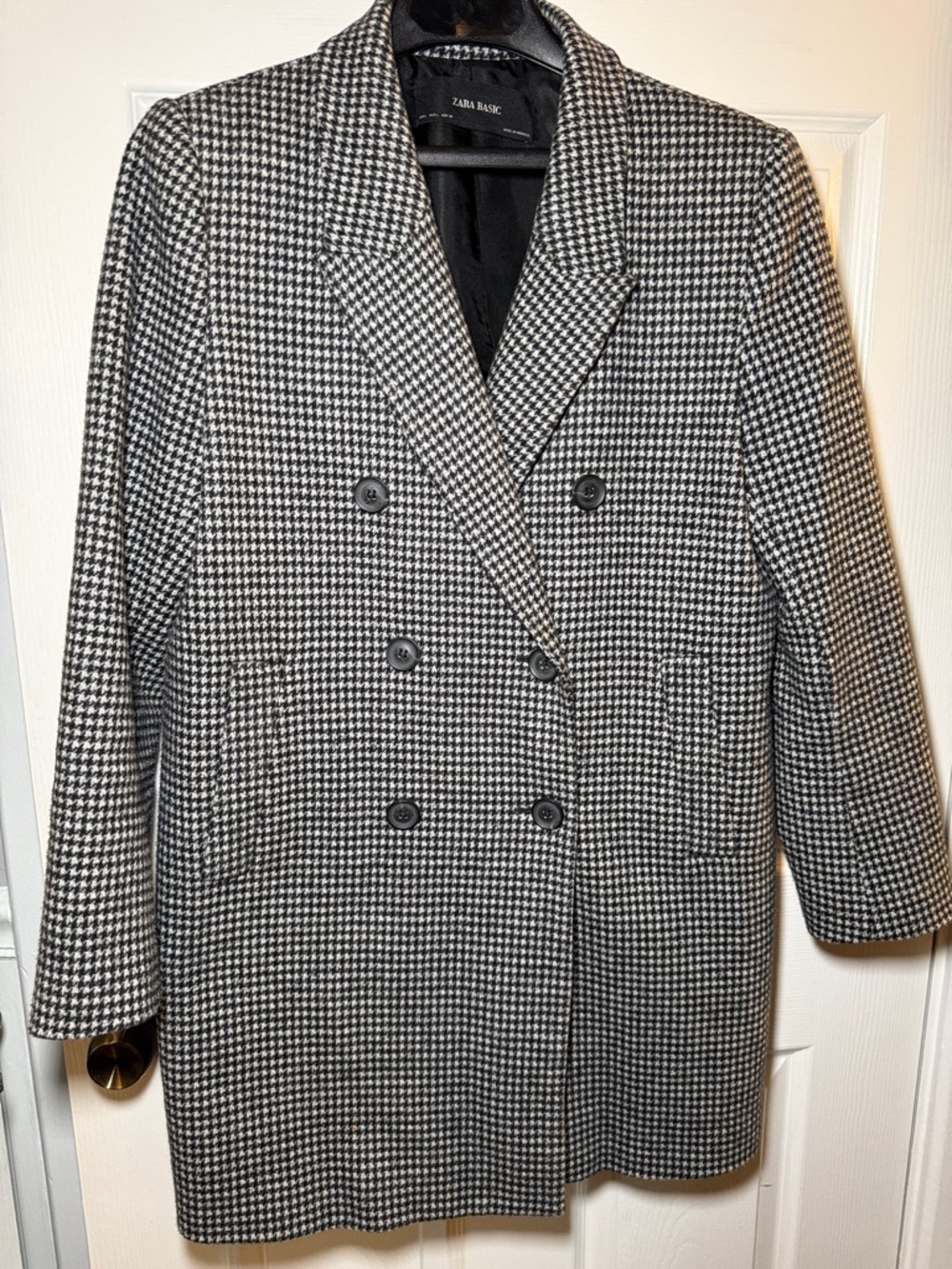 Zara Basic Houndstooth Coat Double Breasted Black White Wool Blend Size L